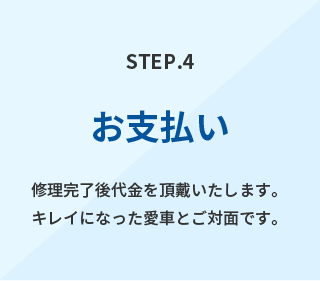 step4お支払い修理完了後代金を頂戴いたします。きれいになった愛車とご対面です。